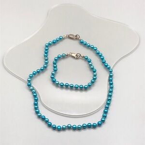 Glossy sky blue dyed freshwater pearls jewelry set vintage-necklace + bracelet.